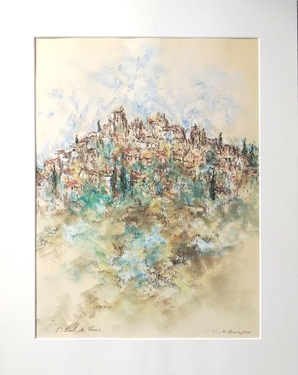 Saint Paul De Vence Pastel original signé 1982 Cadre
