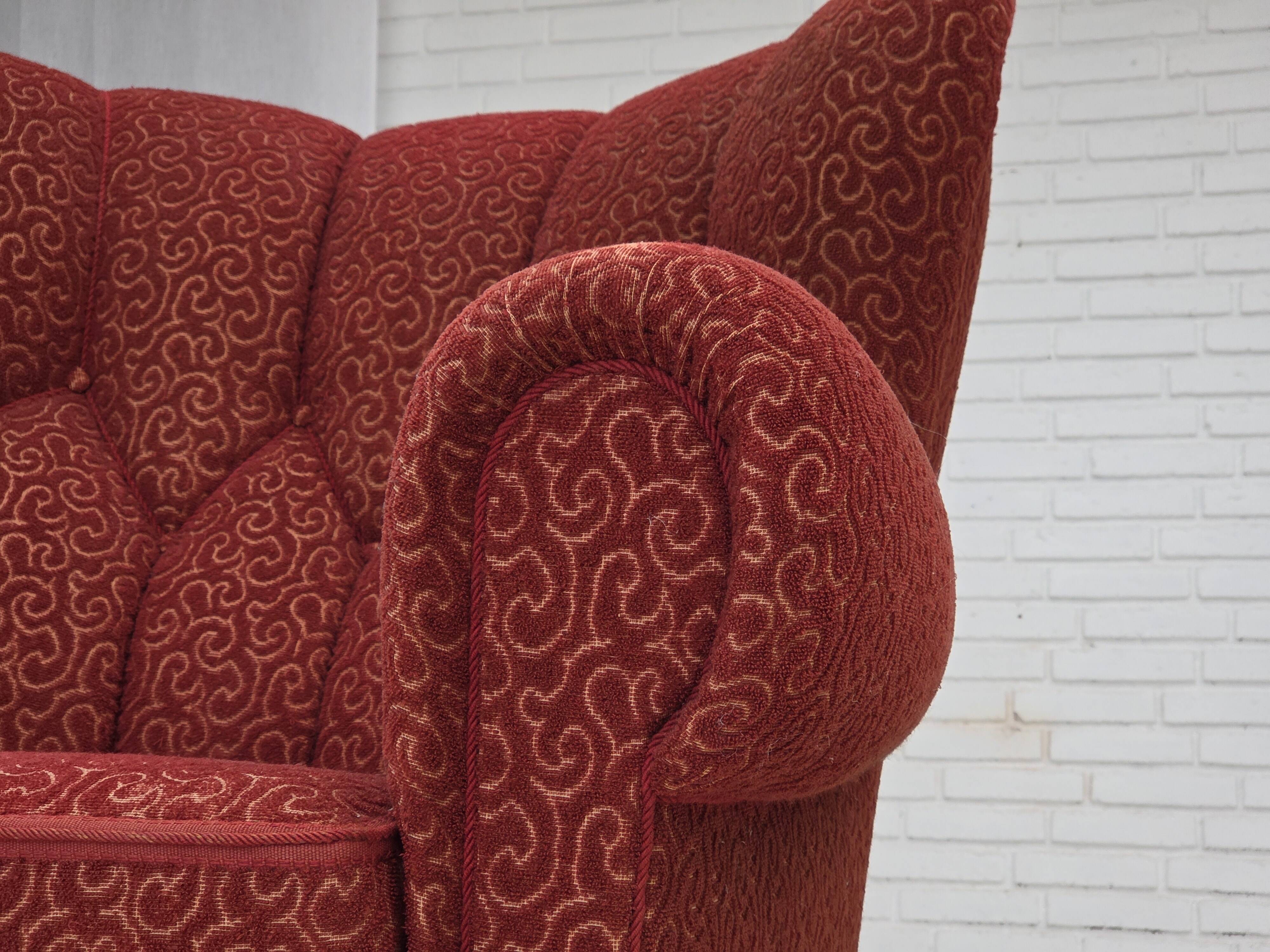 1960s, Danish relax armchair, original red furniture wool, oak wood legs.