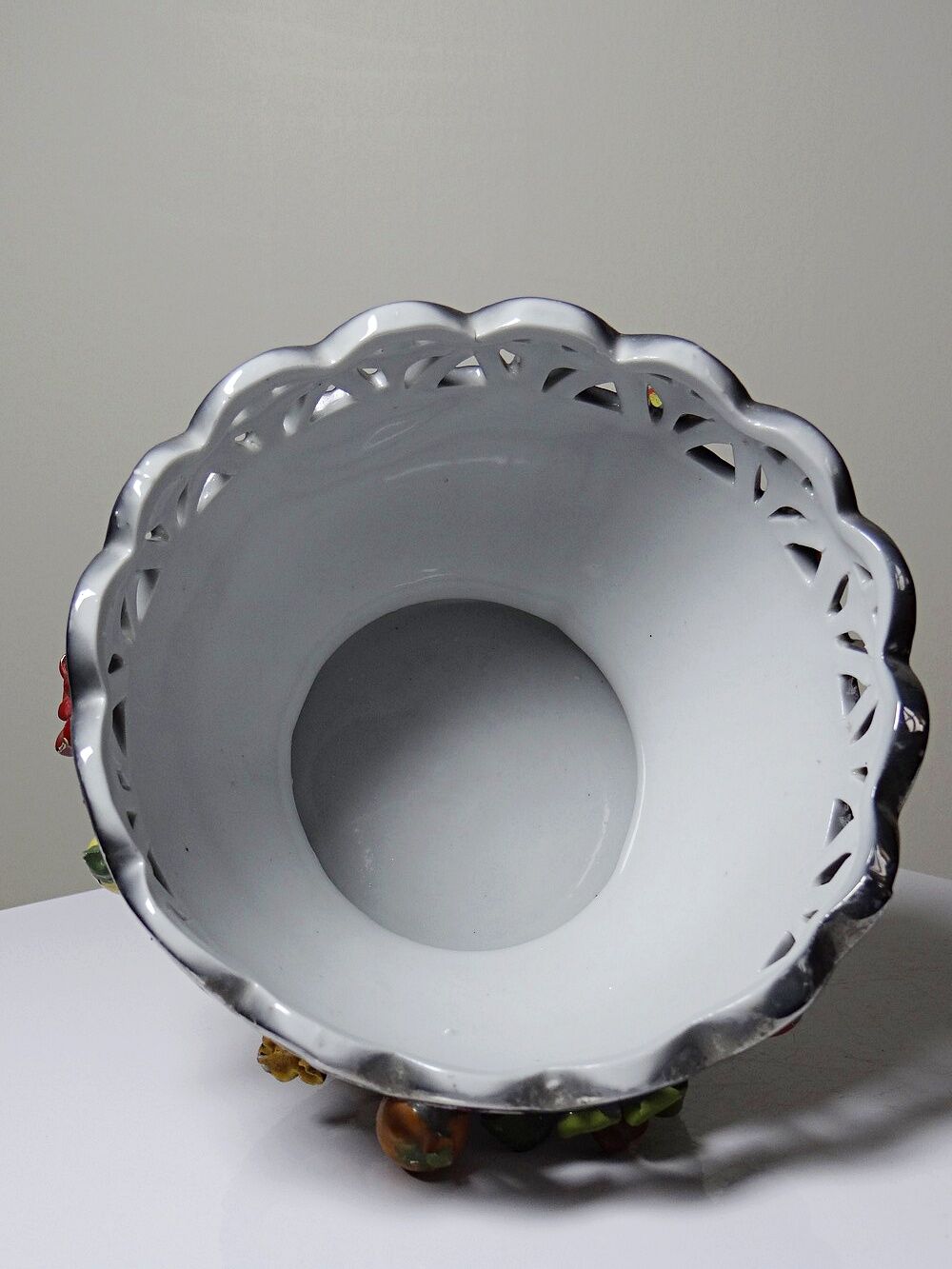 Vintage Italian silver-plated porcelain bowl with cut-out design of fruits and flowers.