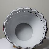 Vintage Italian silver-plated porcelain bowl with cut-out design of fruits and flowers.