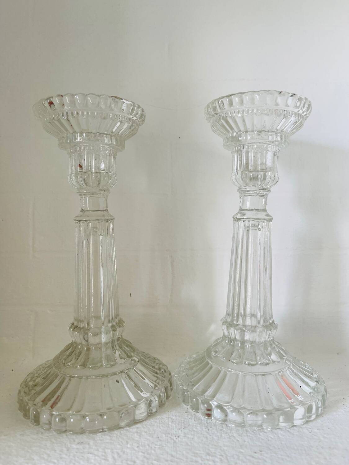 Pair of molded glass candle holders