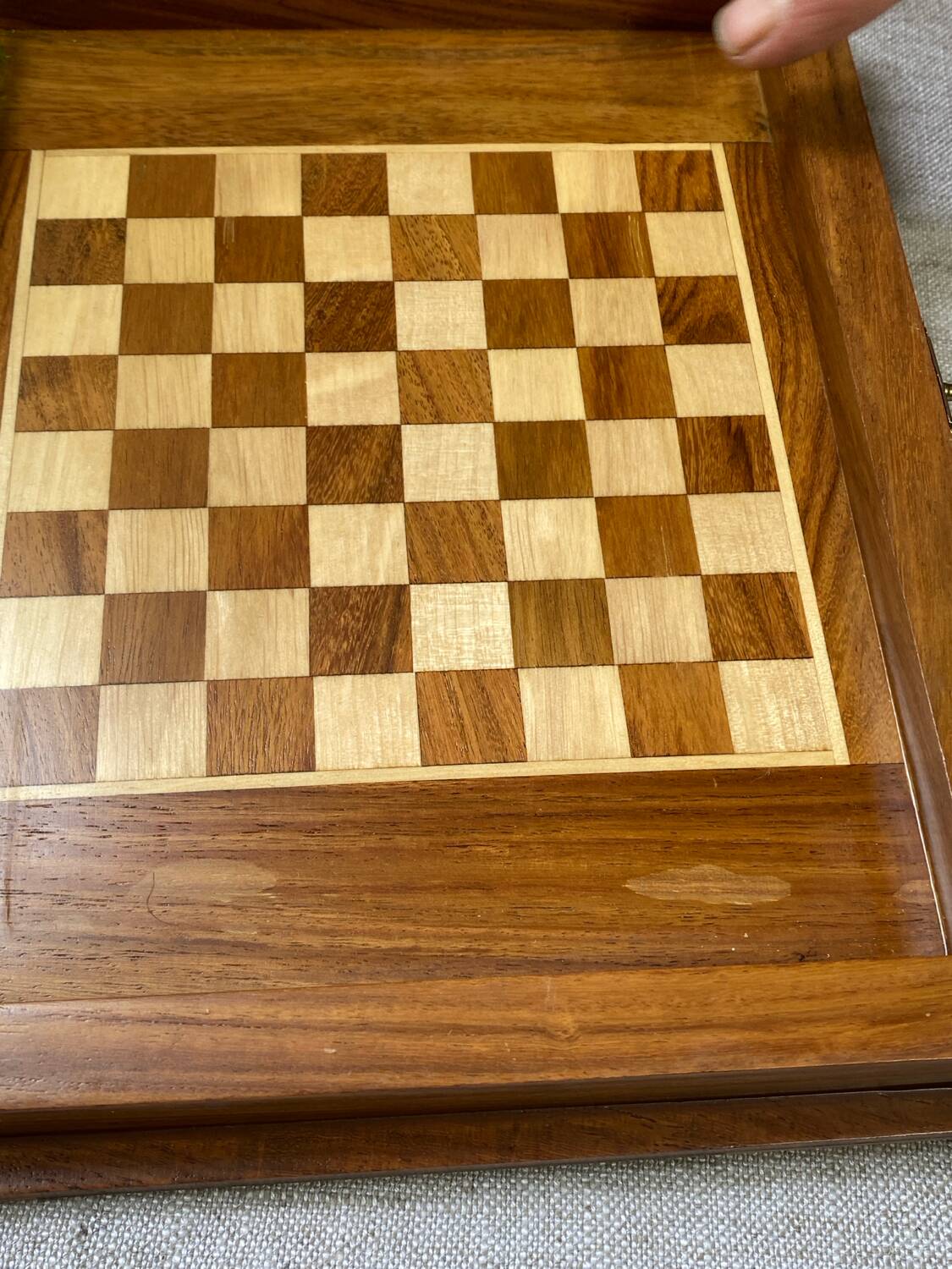 Wooden travel chess set, marquetry board