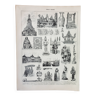 Gravure ancienne 1898, Indochine, architecture, décoration • Lithographie, Planche originale