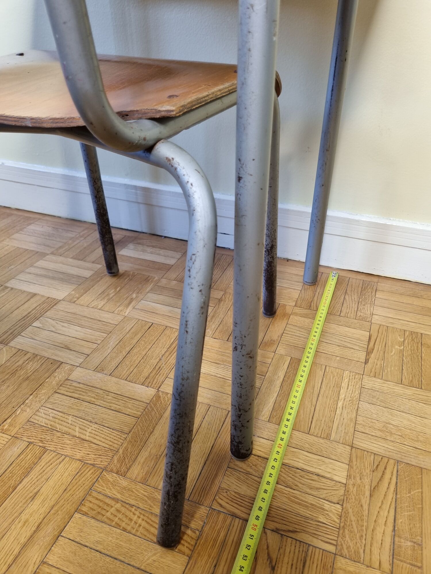 Set chair and school desk in steel, wood and formica, 50s-60s