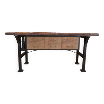 factory workbench in cast iron and wood 1930 with 9 drawers