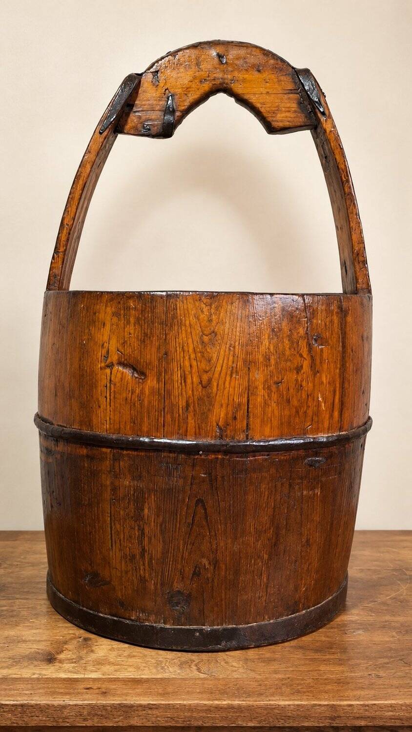 Old wooden well bucket with wrought iron bands – Late 19th century