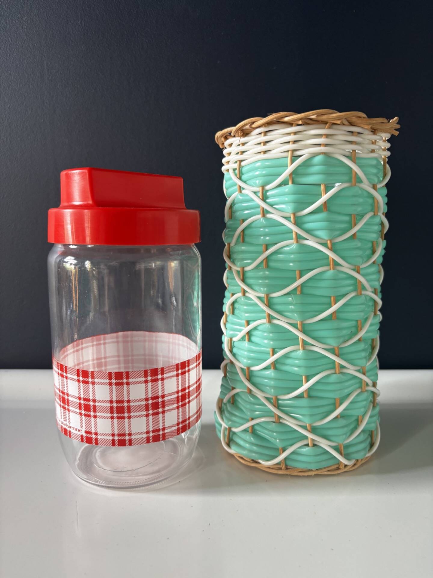 Vintage celadon green scoubidou vase with rattan — 1960s-70s
