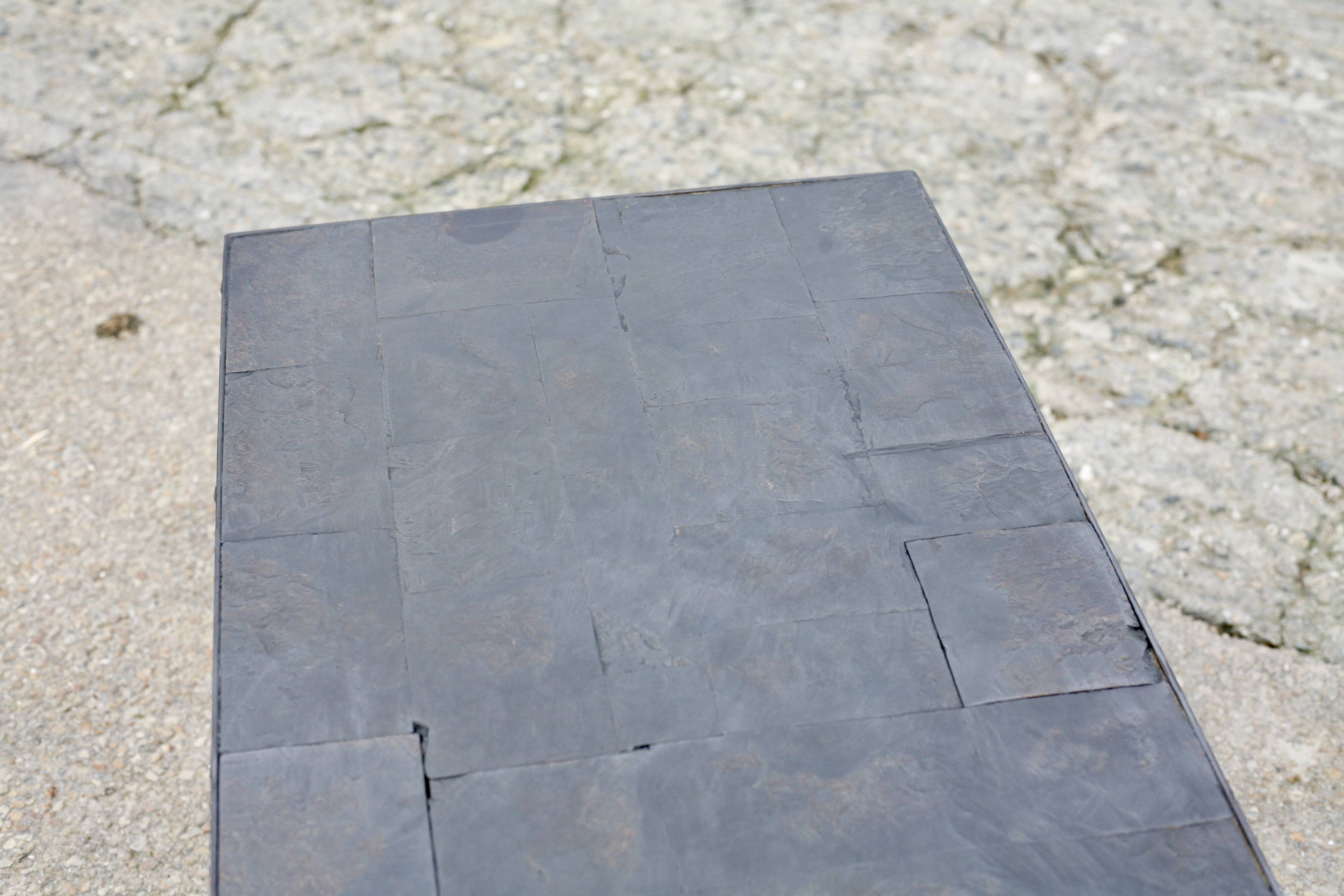 Brutalist coffee table, slate top and steel base, France, 1960s