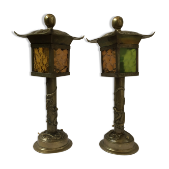 Pair of chinese brass lamps gilded dragon sculpture from the 30/40
