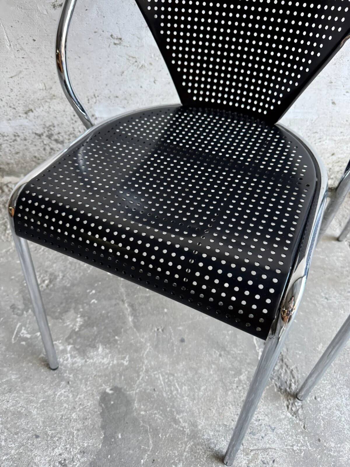 Set of 2 black perforated metal chairs with chrome frame, 1980s industrial-modern design