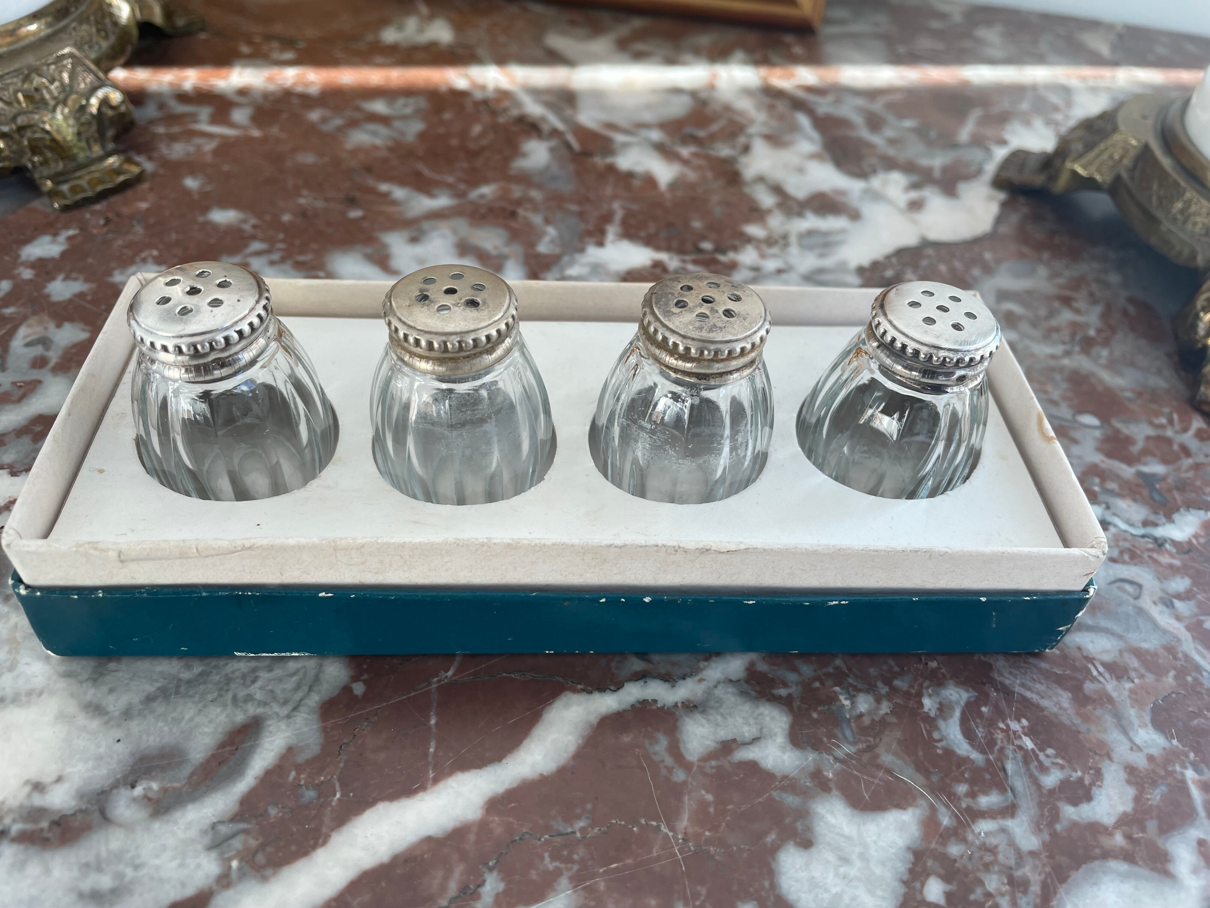 Set of 4 salerons, Christofle goldsmithery, solid silver, pressed molded glass