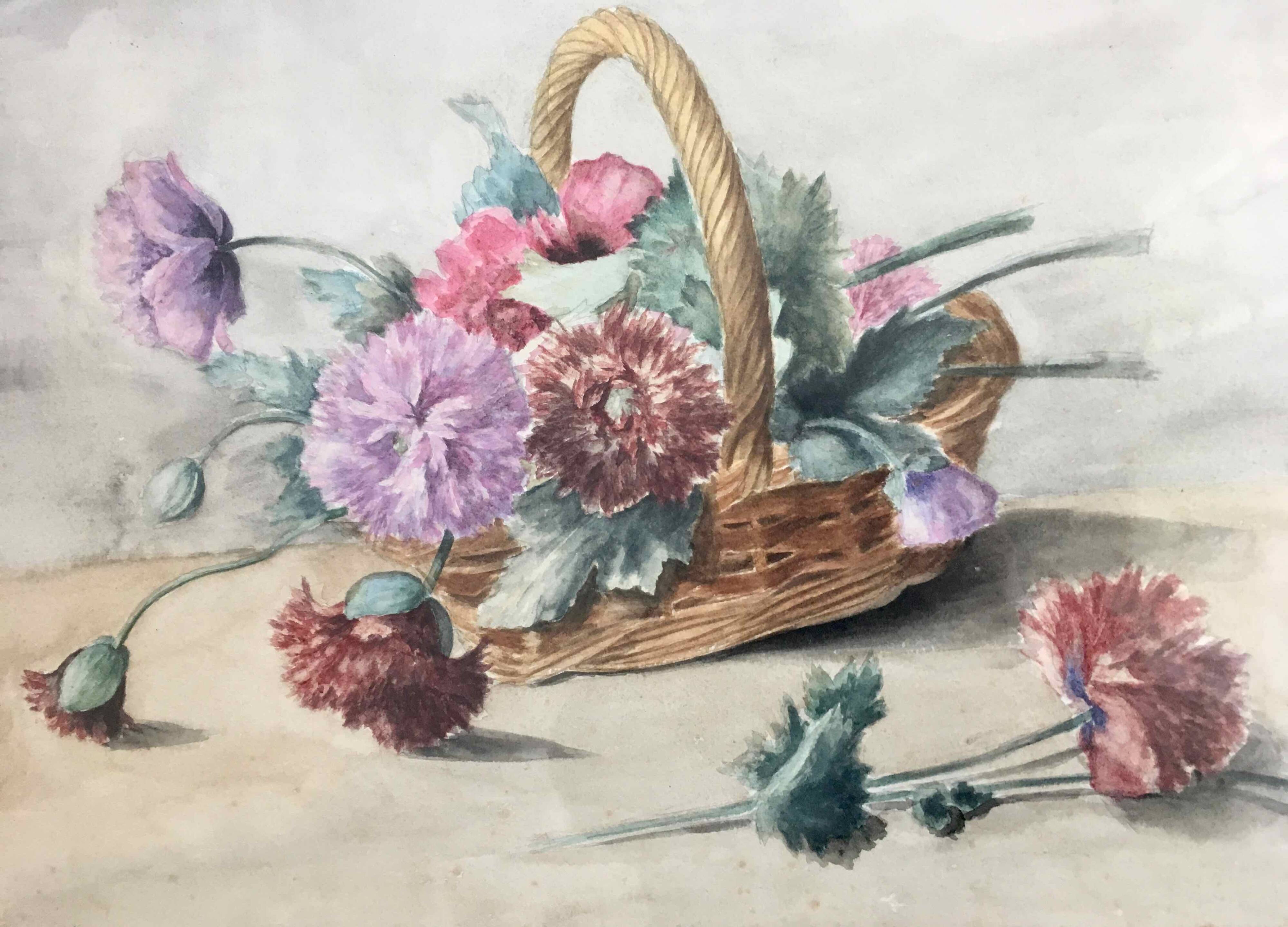 Watercolor painting basket of peonies