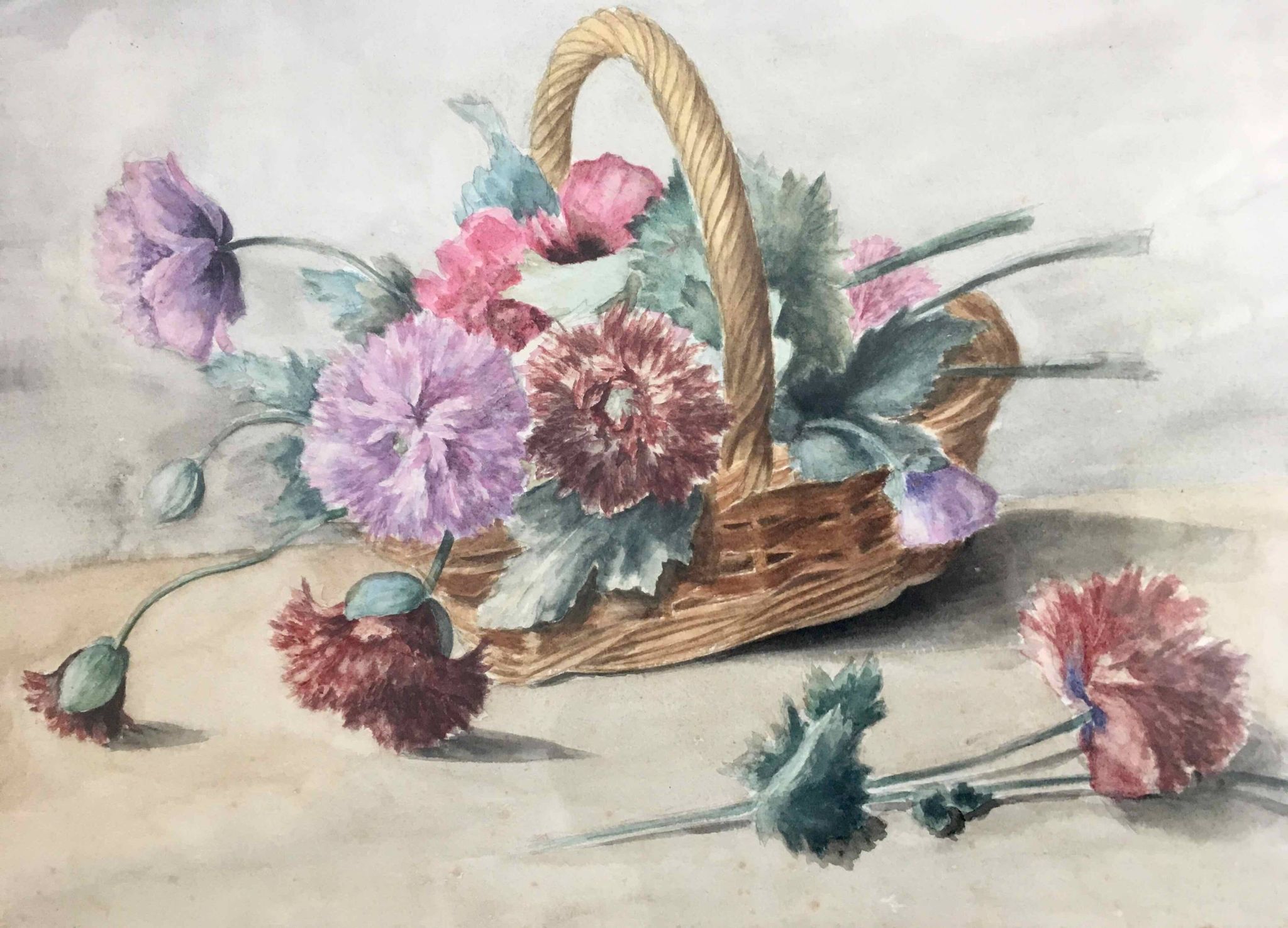 Tableau aquarelle panier de pivoines