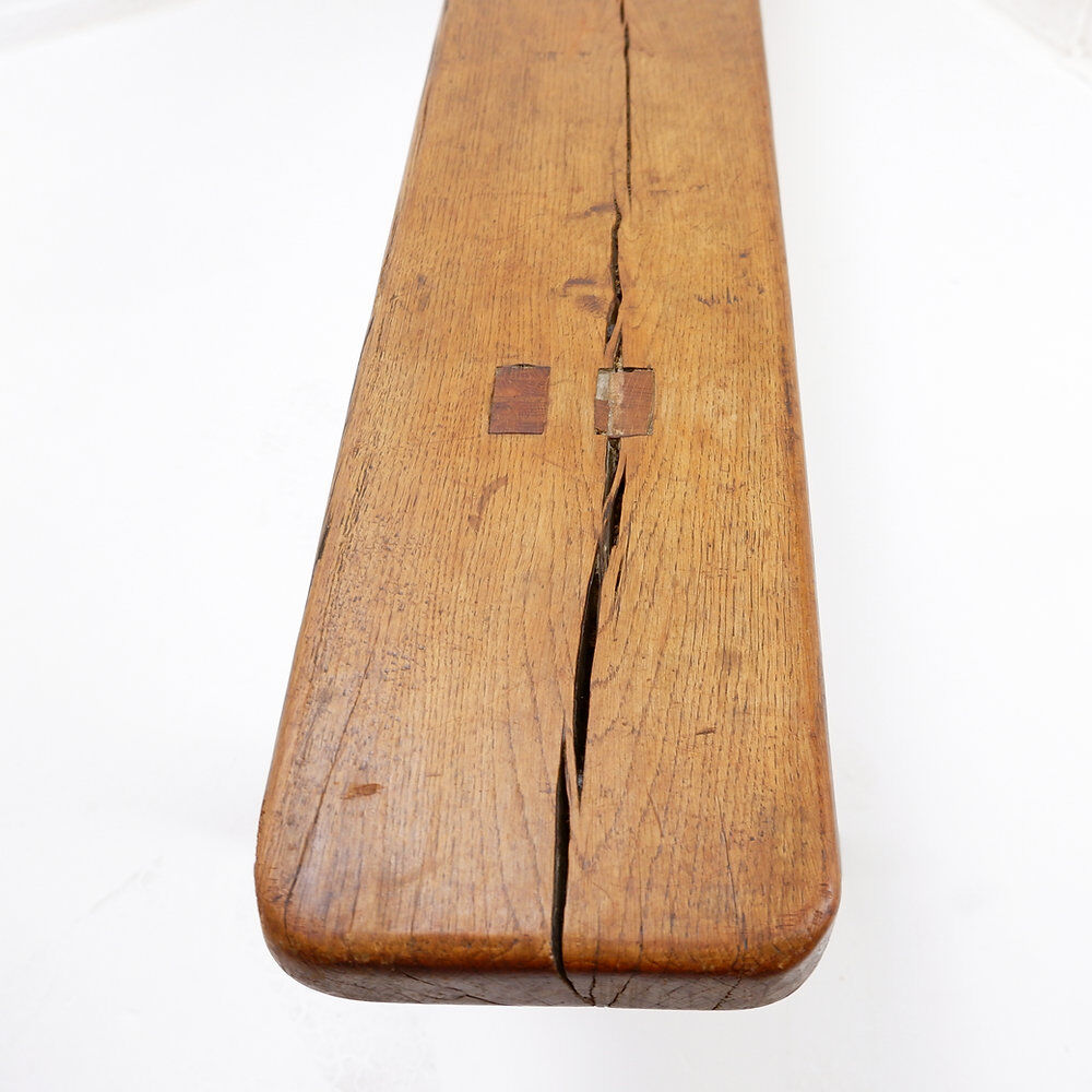 Banc rustique en bois massif de ferme avec pieds tréteaux - 1960s