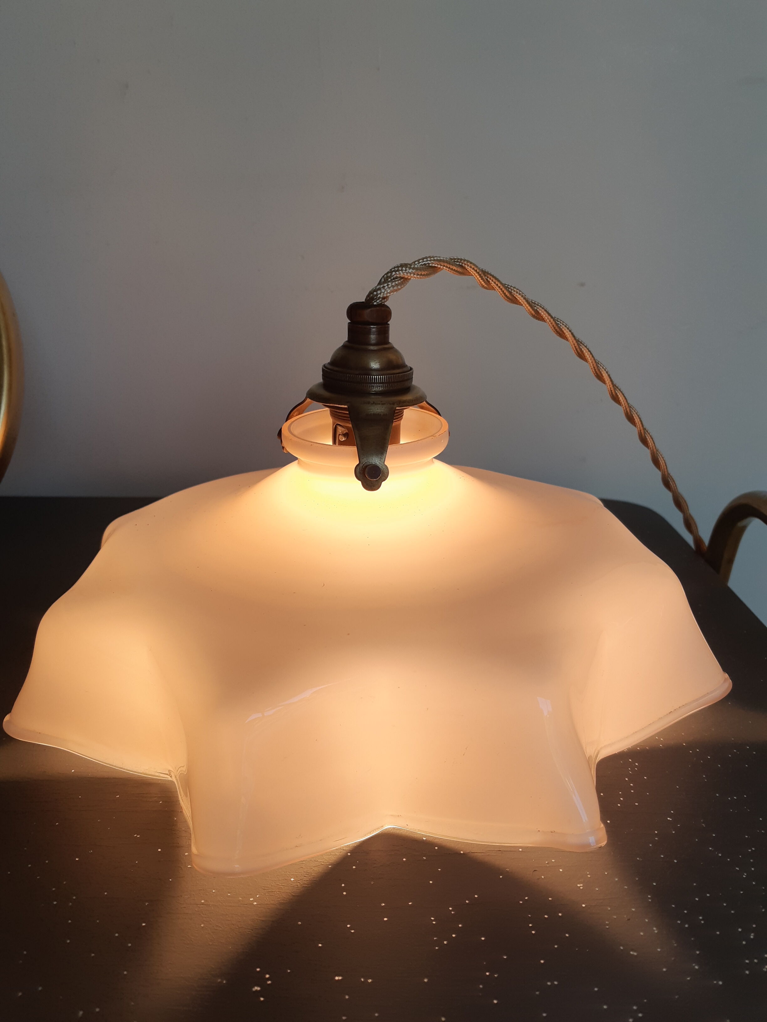 Vintage pastel pink and white glass luminaire, petticoat shape