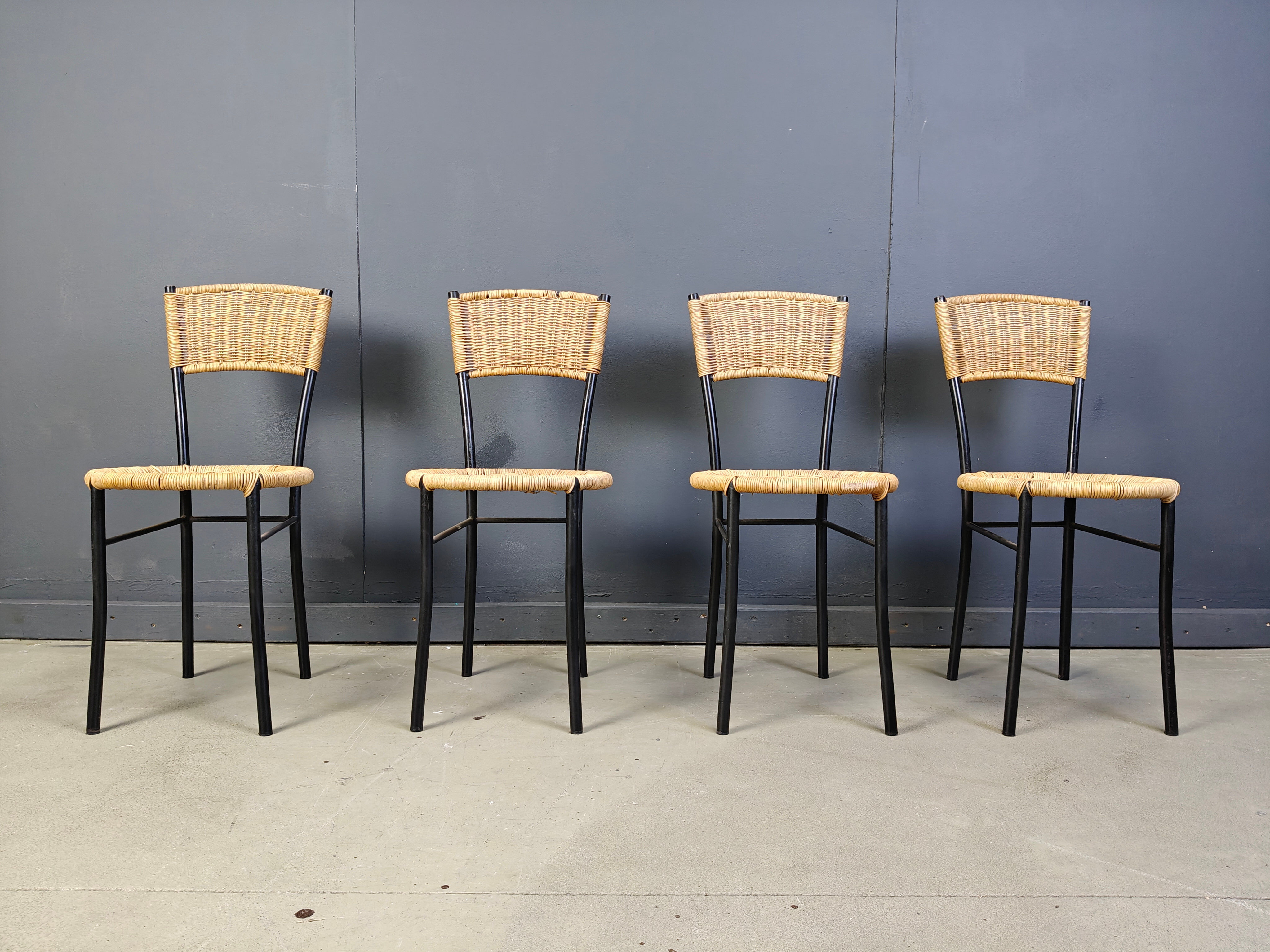 Wicker and metal dining chairs, 1980s - set of 4