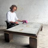 Grey ceramic mosaic top coffee table with dark wood base and brass accents, 1970s