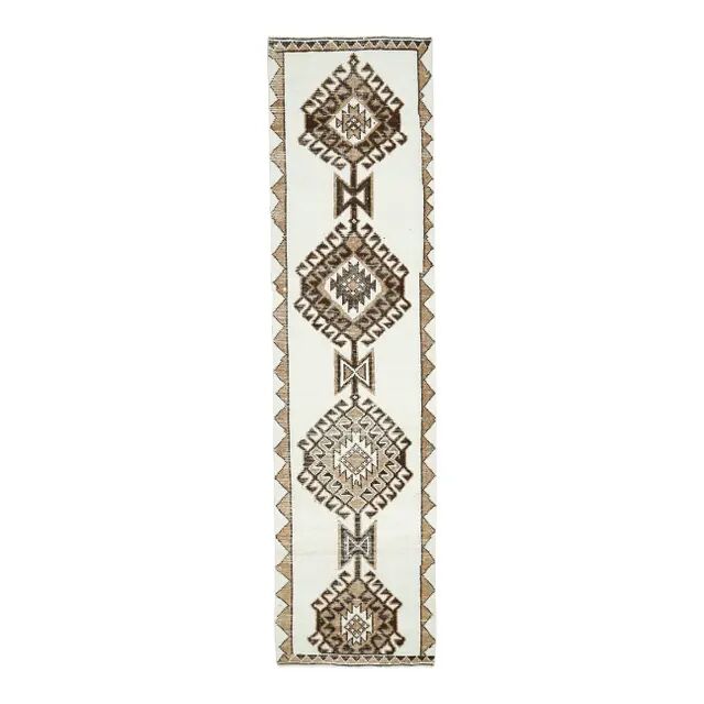 Vintage Turkish Oushak Handmade Wool Cotton White Runner Rug 84x346