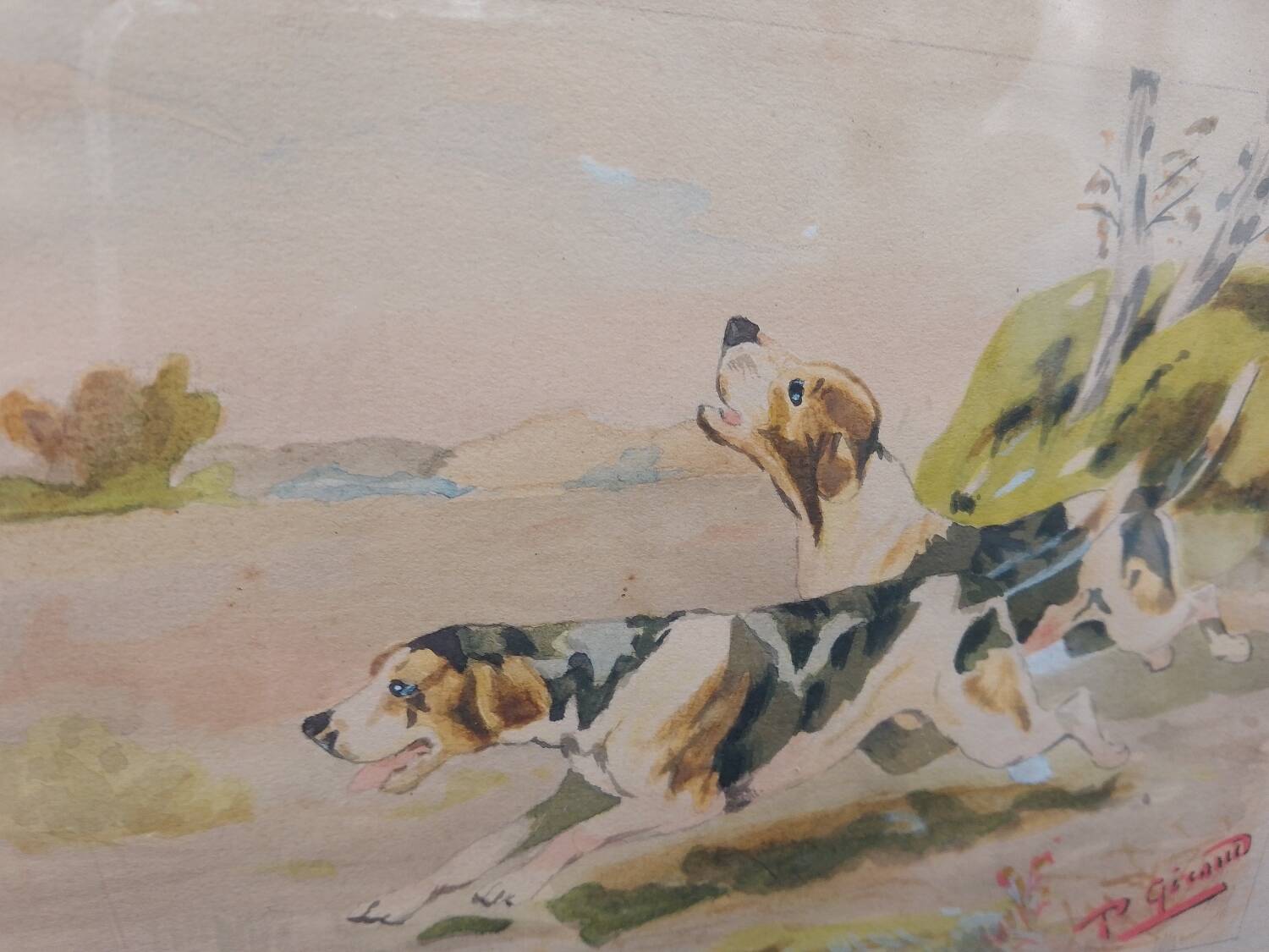 Old painting watercolor painting hunting dog signed p giraud