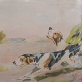 Ancien tableau peinture aquarelle chien de chasse signé p giraud