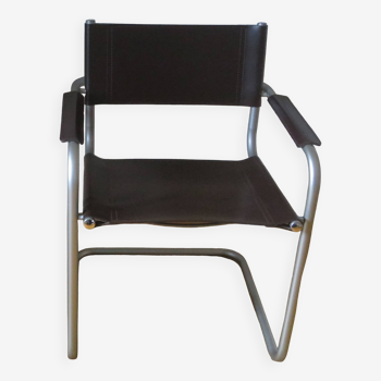 Tubular dark brown leather armchair in matt chrome metal type B34