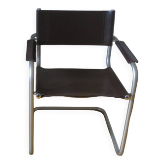 Tubular dark brown leather armchair in matt chrome metal type B34