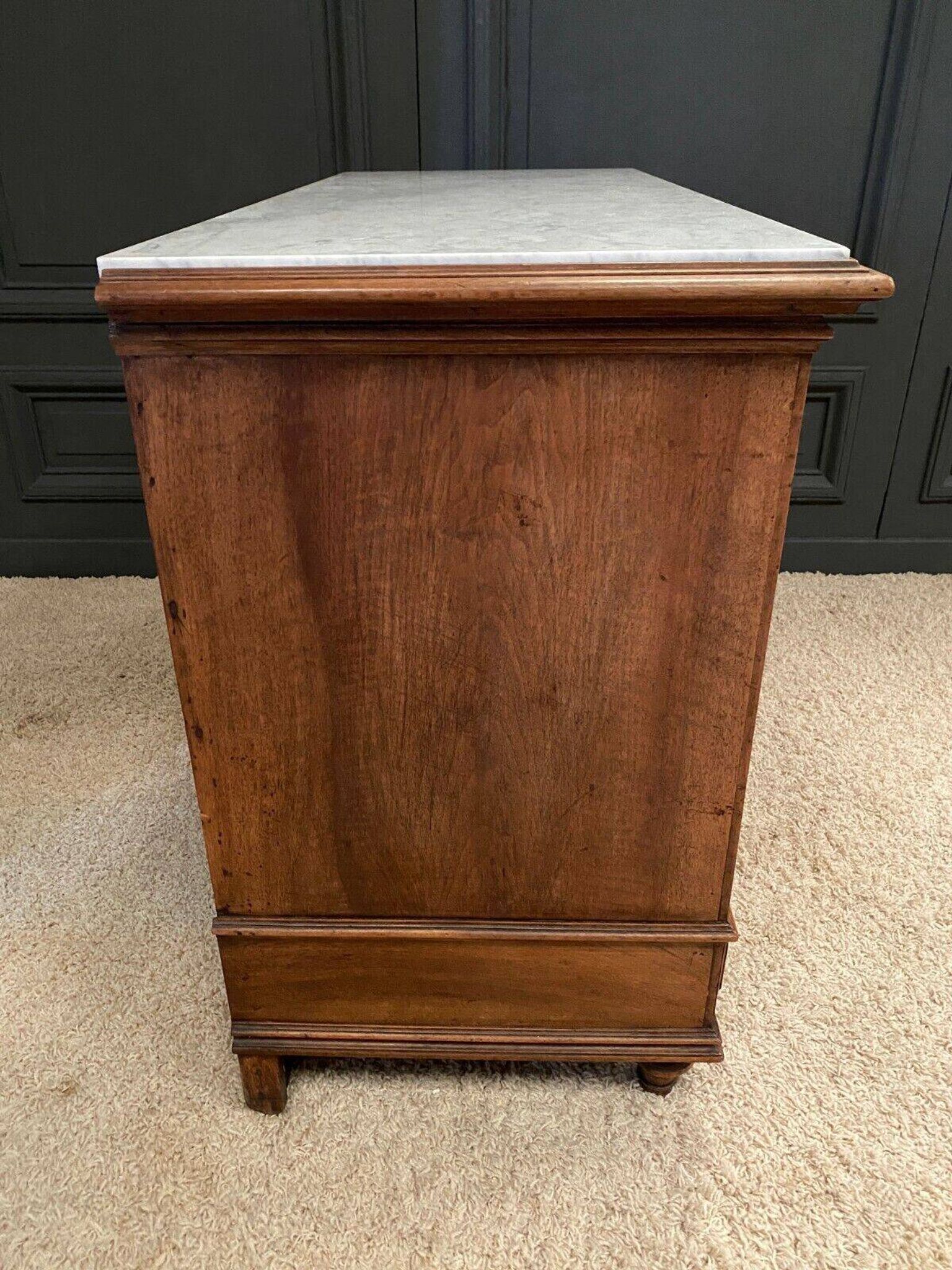 19th century Louis XVI style chest of drawers, white marble, fluted 4 drawers