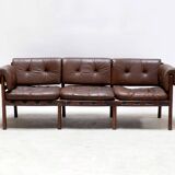 Canapé trois places en palissandre et cuir brun par Sven Ellekaer pour Coja, style scandinave, 75x180x70 cm