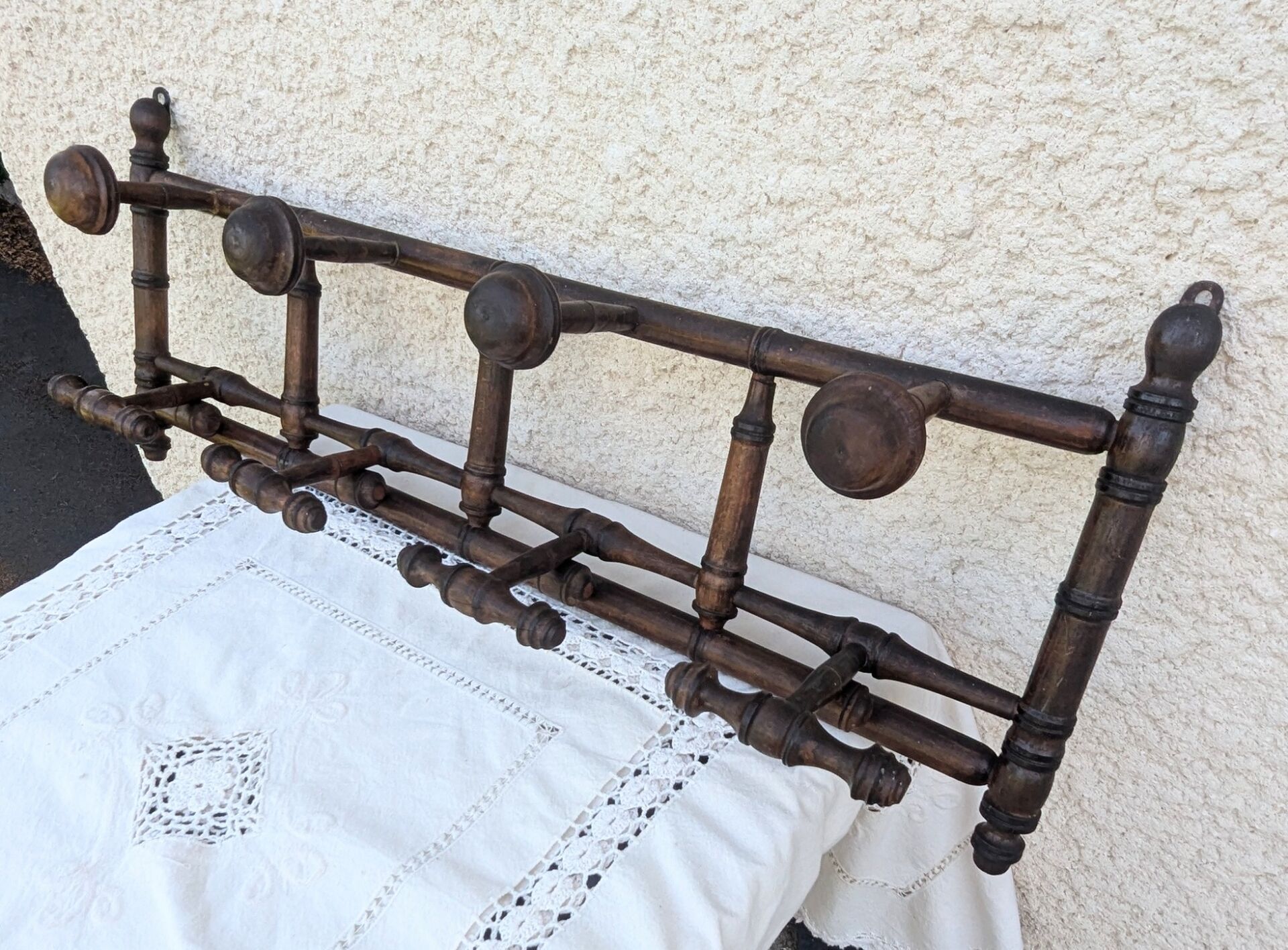 Antique wall coat rack, wooden turned bamboo, bistro 1900.