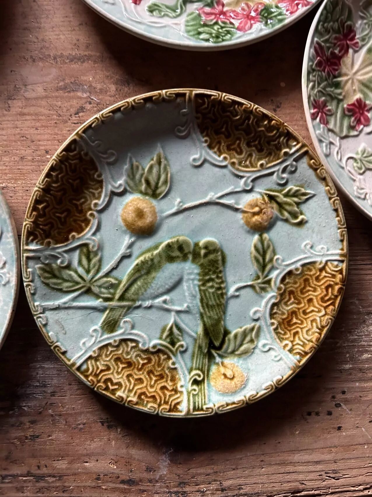 Antique faience barbotine plates – Mismatched set – circa 1900