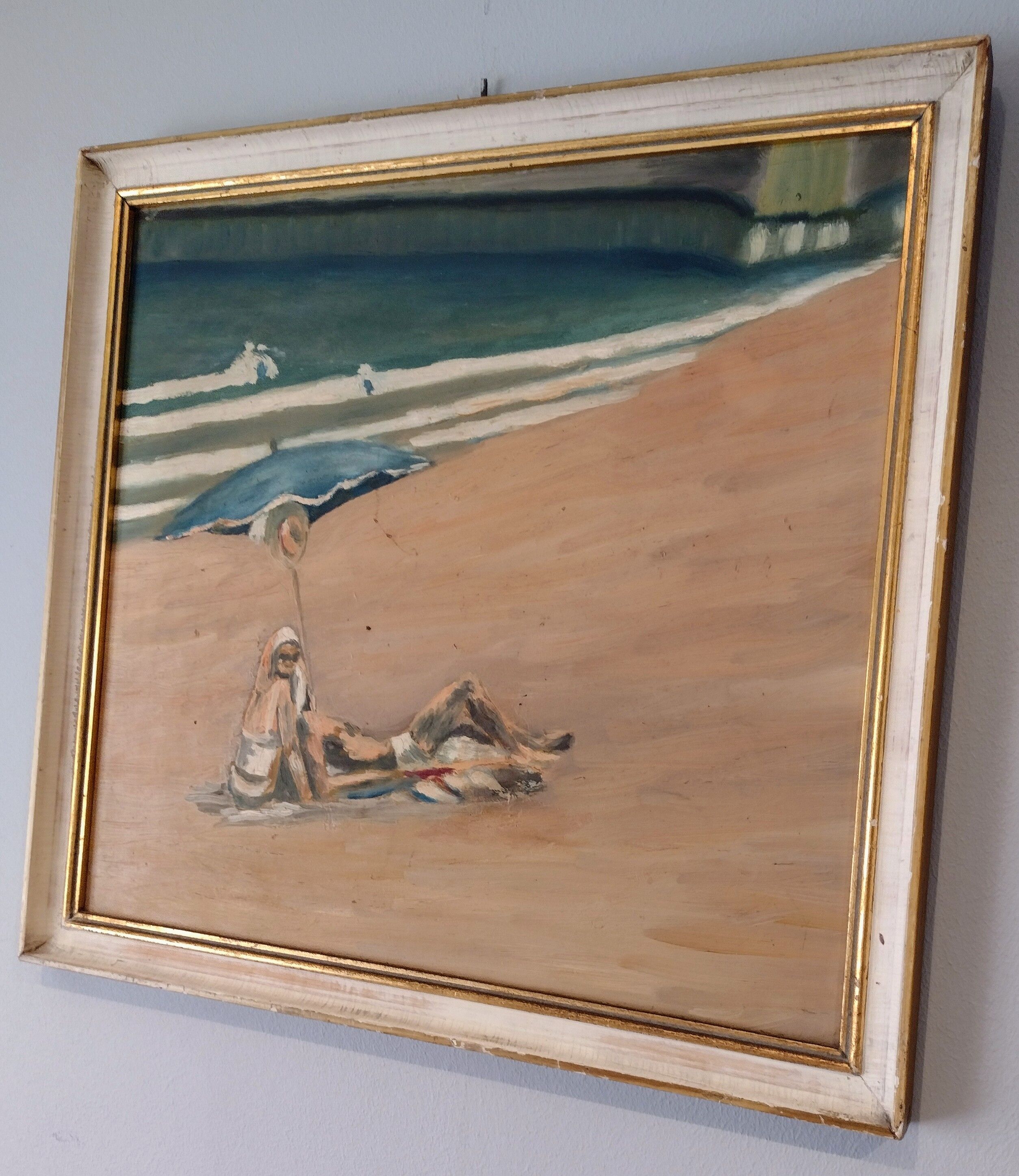 Mid century oil painting The Sunbathers