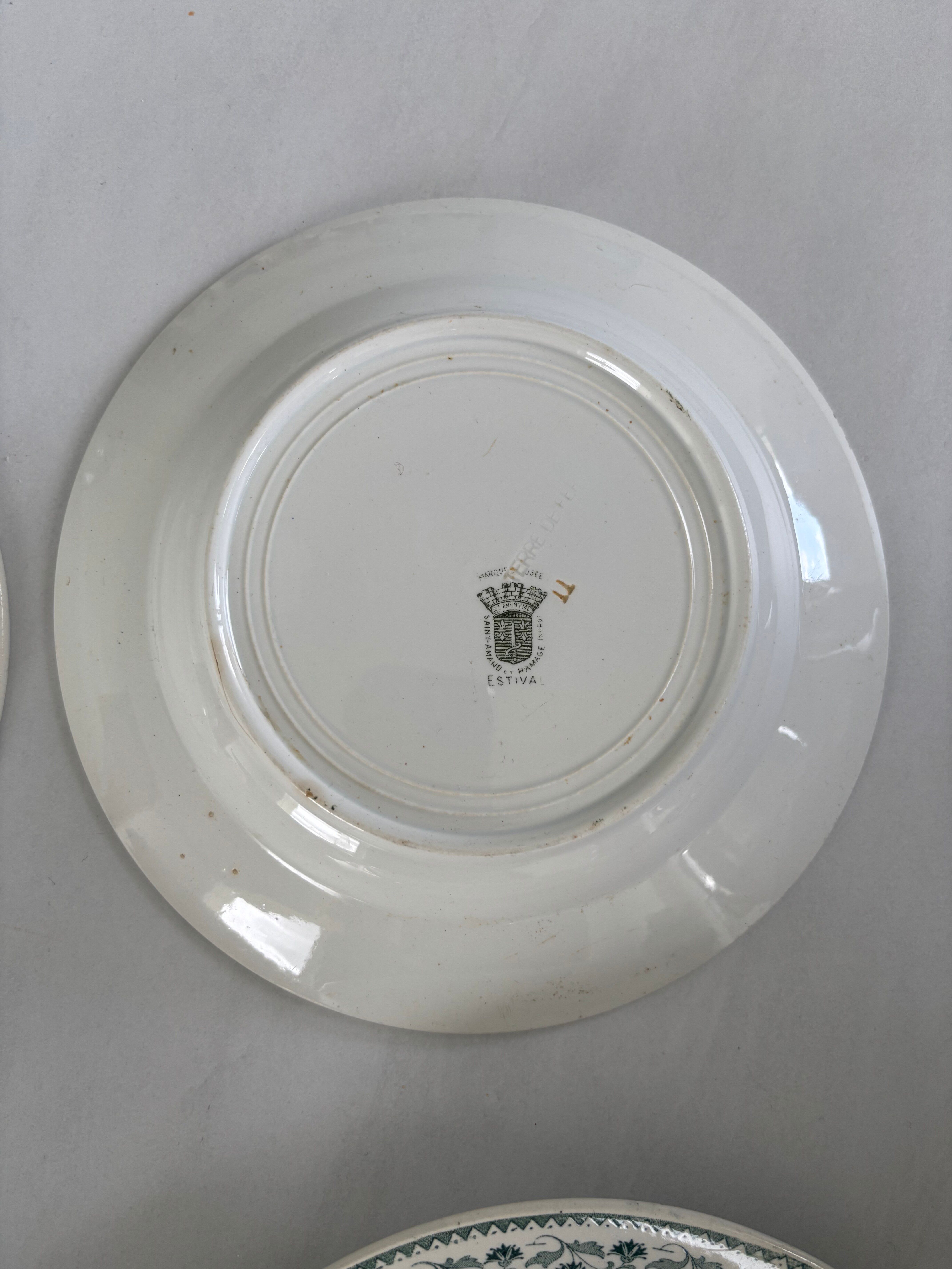 Set of 6 blue and green ironstone deep plates, French earthenware.
