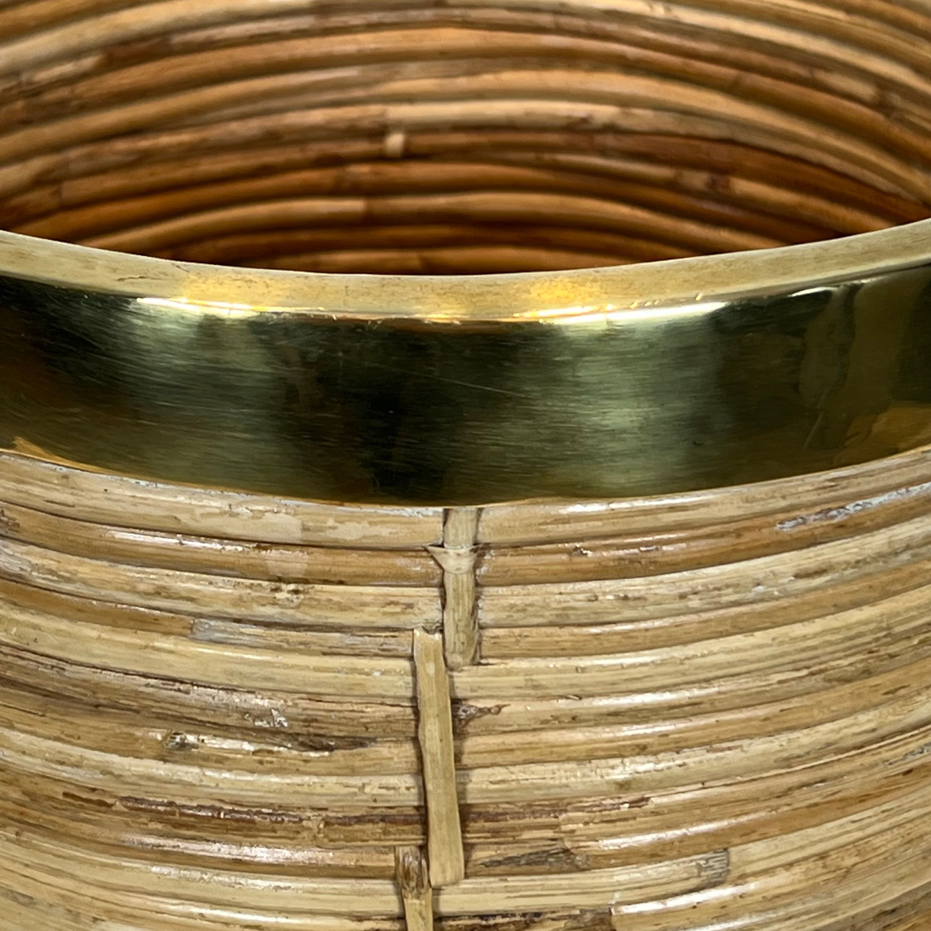 Rattan and brass wastepaper basket in the style of Gabriela Crespi.