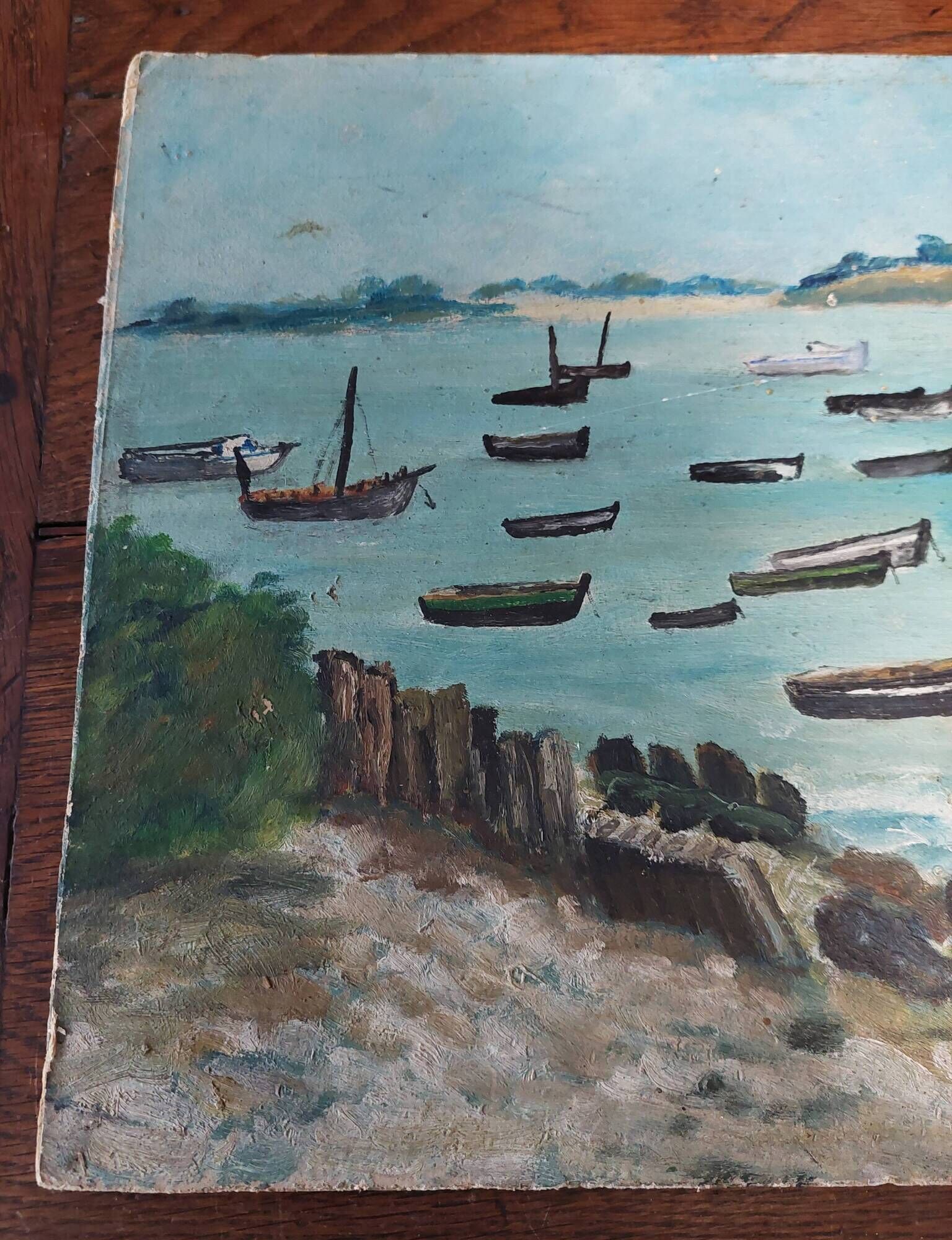 Oil painting on seaside marine cardboard