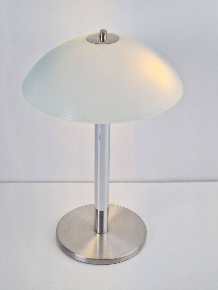 Mid-Century Mushroom Table Lamp in Sandblasted Glass, Stainless Steel & Chrome, 1960s