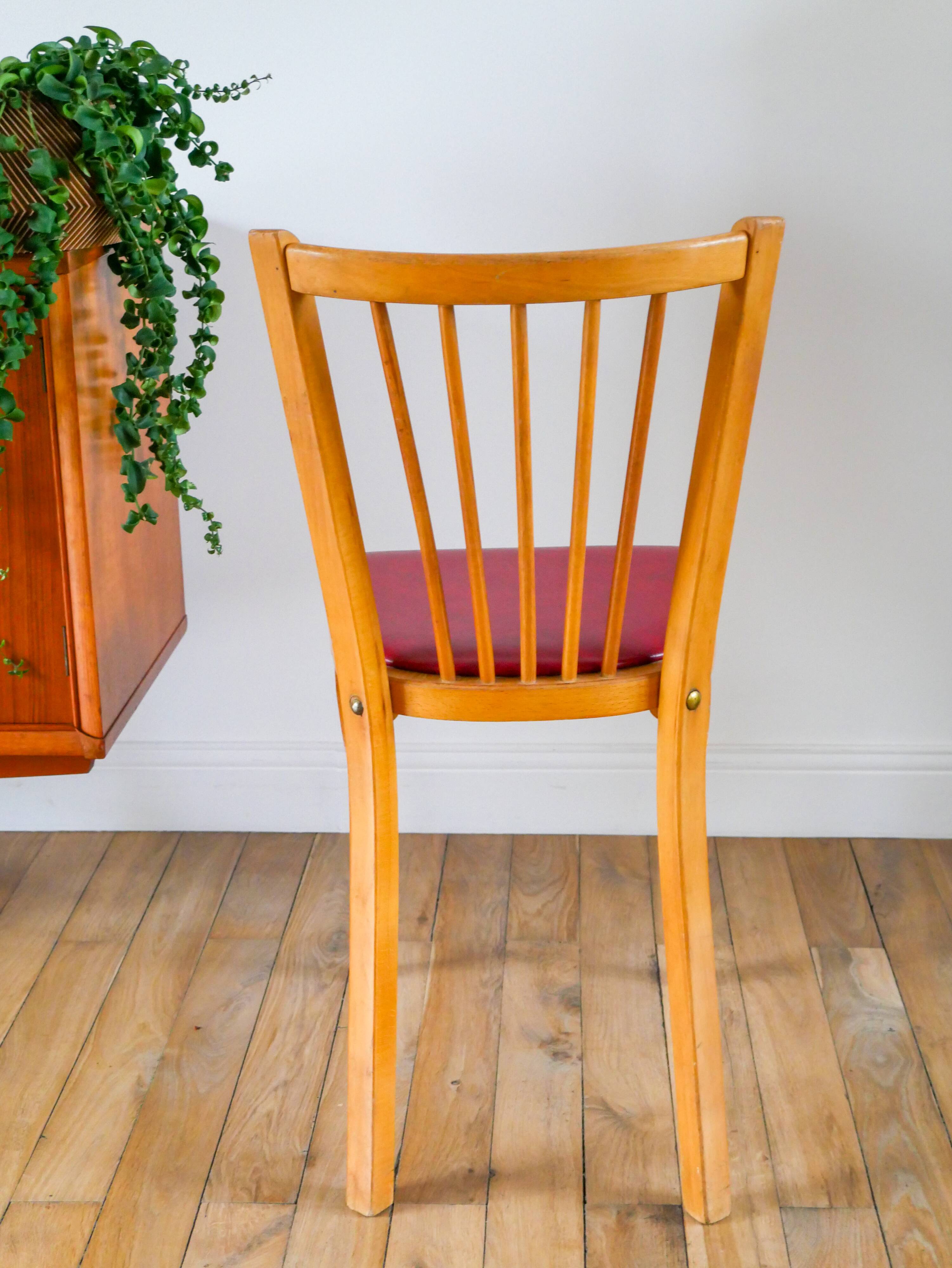 Baumann bistro chair in blond oak and red leatherette, 1950