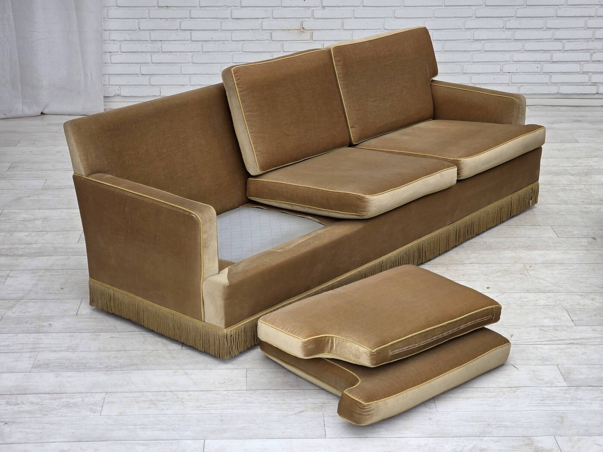 1970s, Danish 3-seater sofa, honey yellow furniture velour.