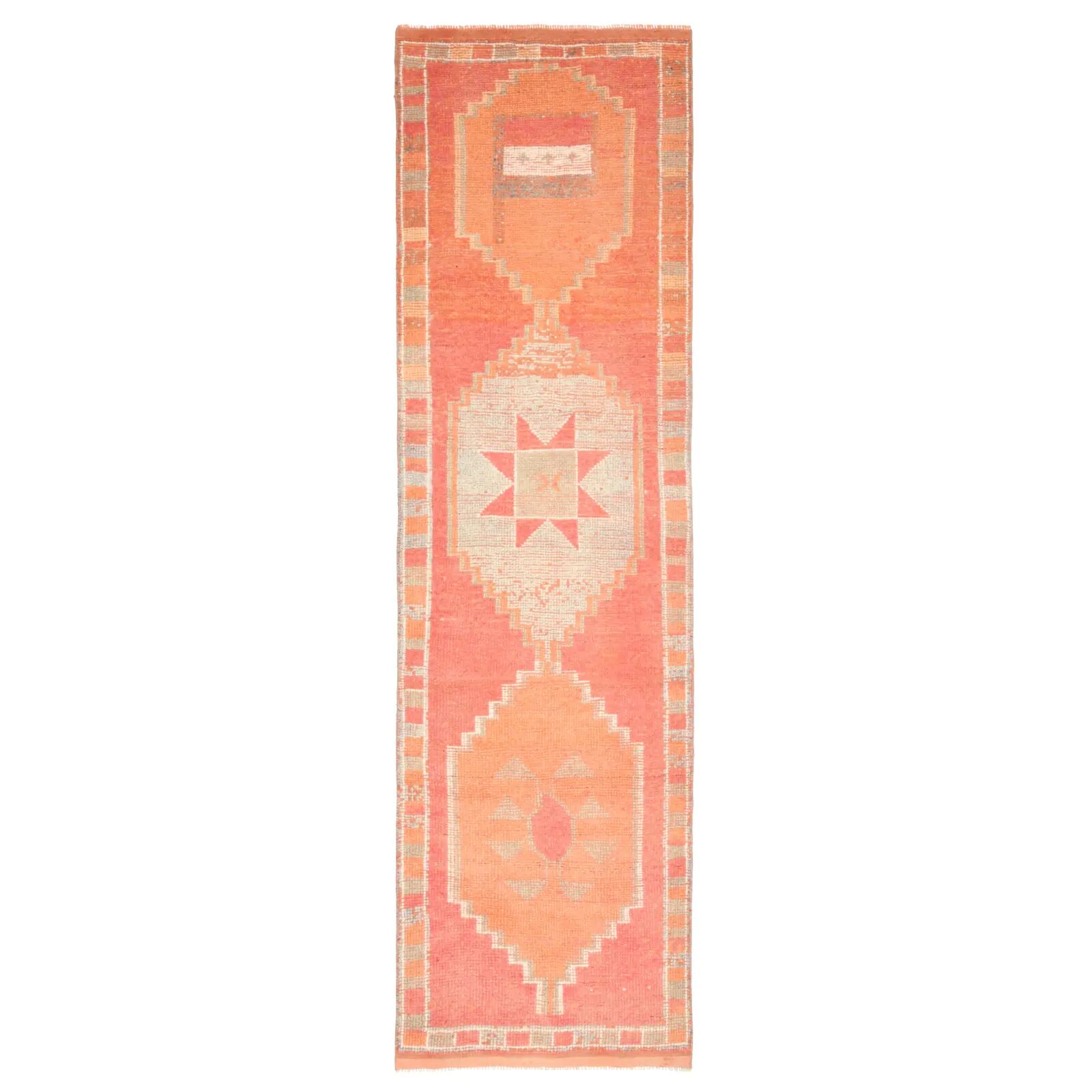 Vintage Turkish hand-knotted wool cotton orange runner rug 96x339
