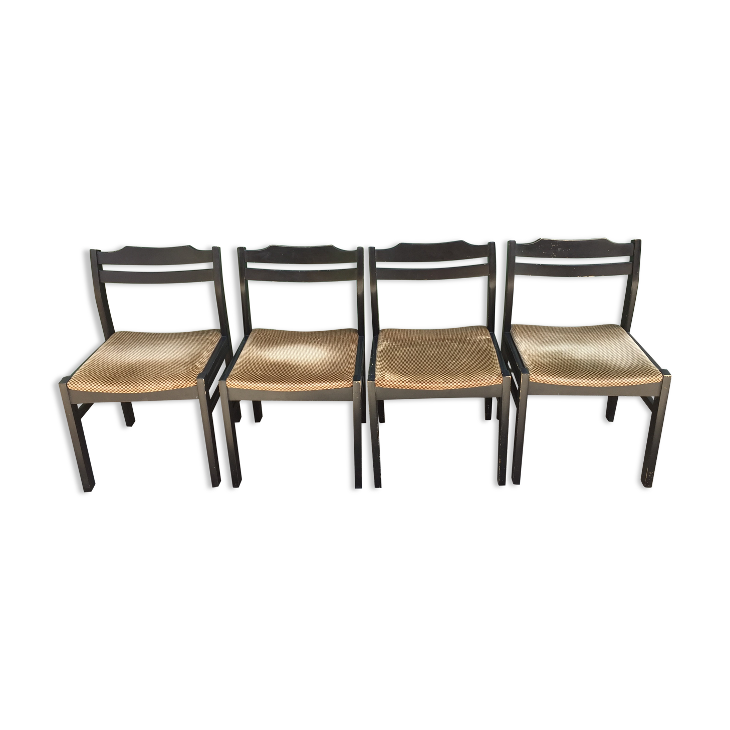 Chaises en hêtre laquées noir à assises en tissu or a petits carreaux
