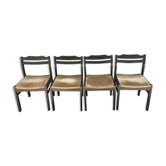 Black lacquered beech chairs with gold fabric seats with small checks