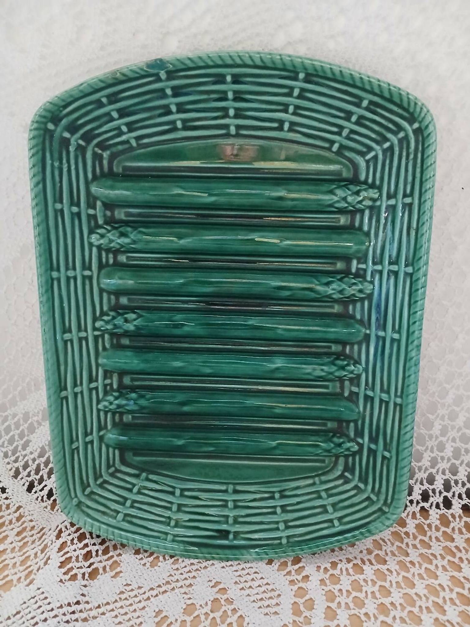 Antique Barbotine dish with asparagus motifs