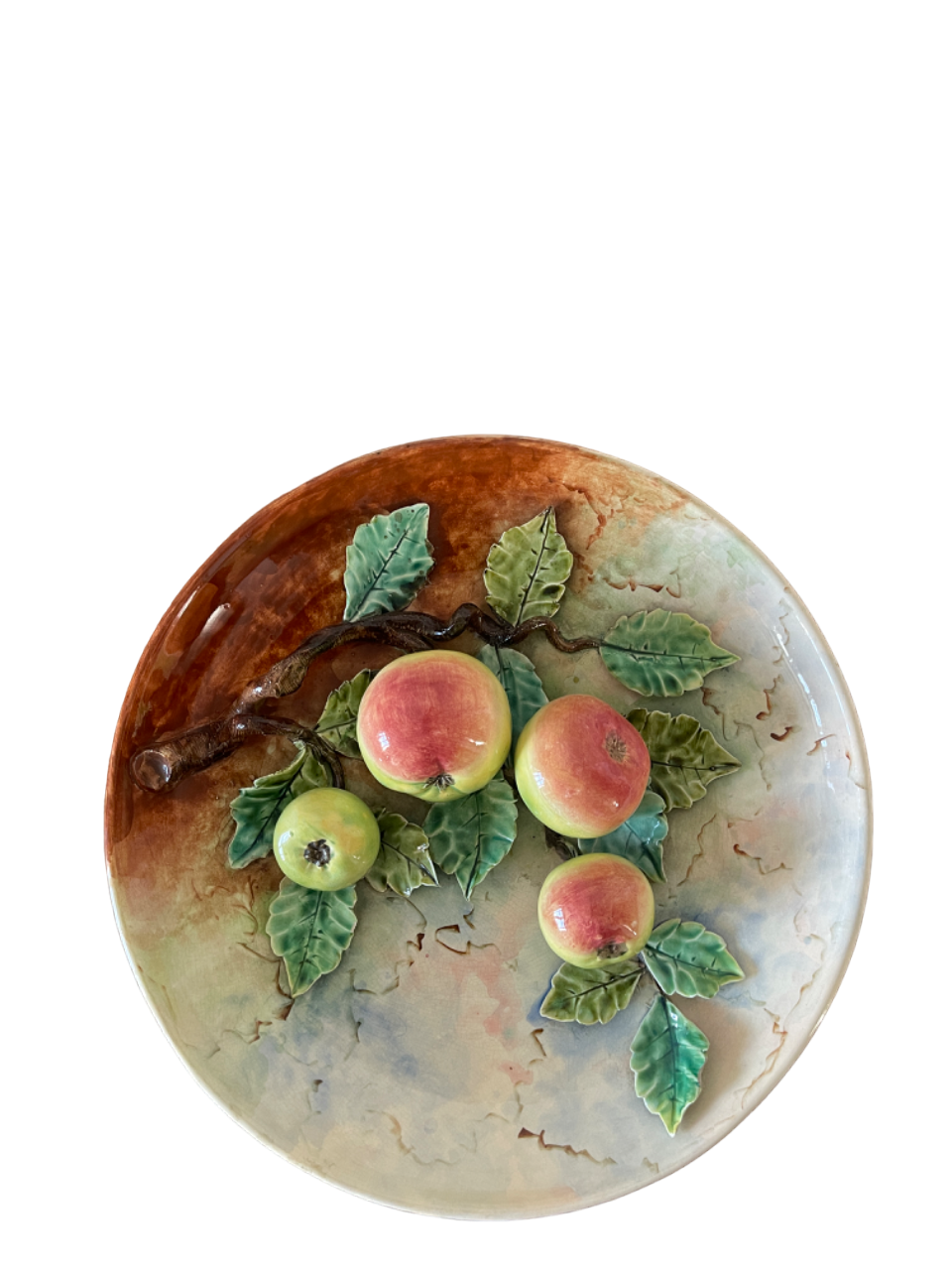 Ceramic flat polychrome slip circa 1900 decorated with apple trees