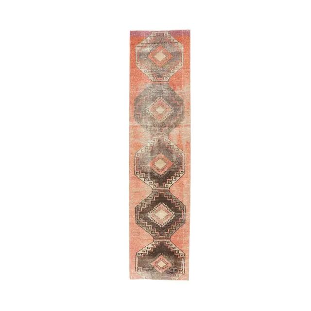 1960s orange geometric Turkish hand-knotted runner rug 81x337