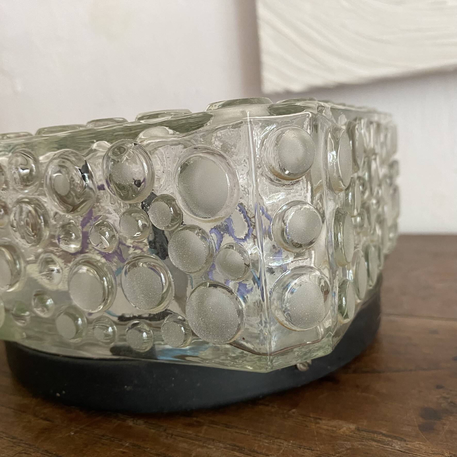 Plafonnier vintage carré en verre reliefs bulles