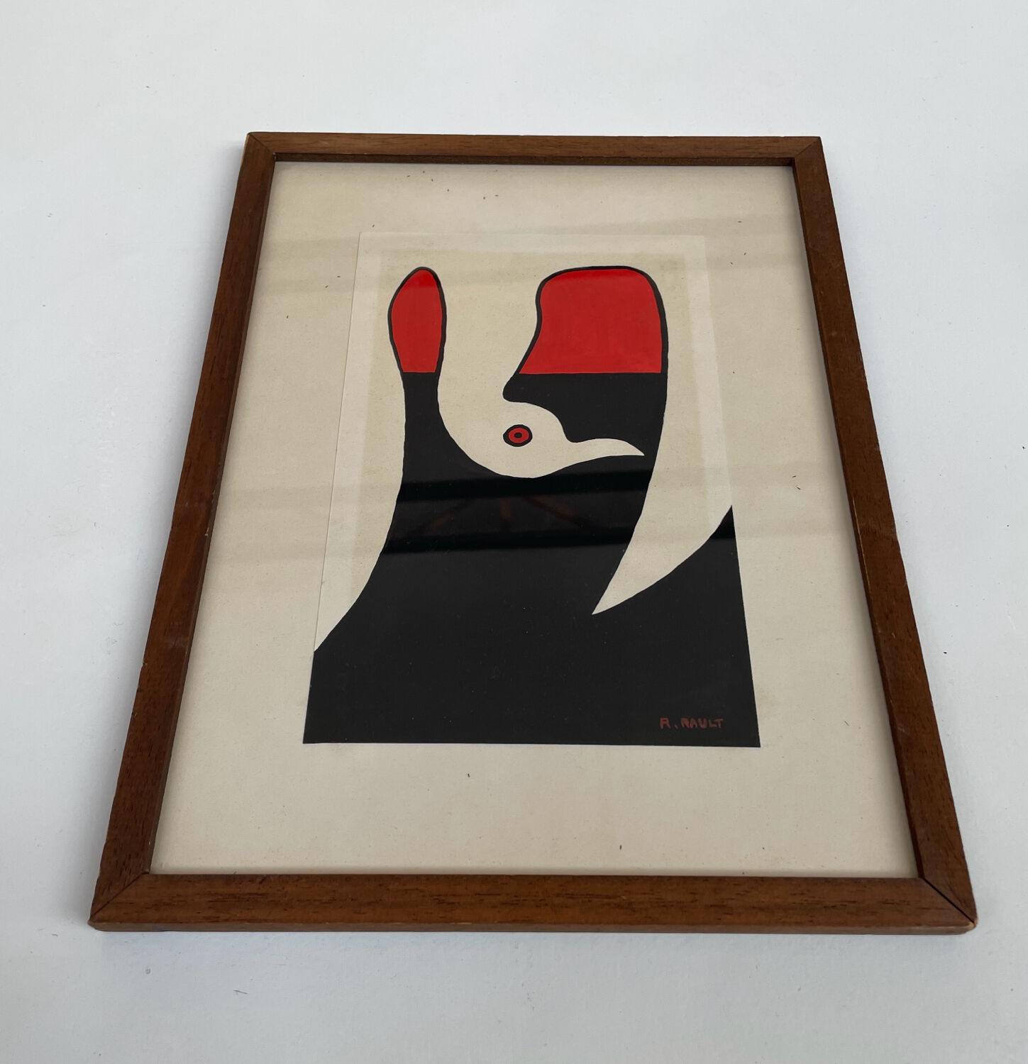 Abstract composition - gouache, signed R. Rault, vintage wooden frame