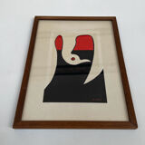 Abstract composition - gouache, signed R. Rault, vintage wooden frame