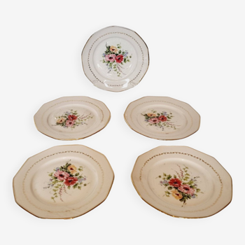 5 vintage porcelain dessert plates with floral and gold decoration