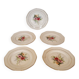 5 vintage porcelain dessert plates with floral and gold decoration