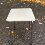 Vintage square stool in steel and white leather