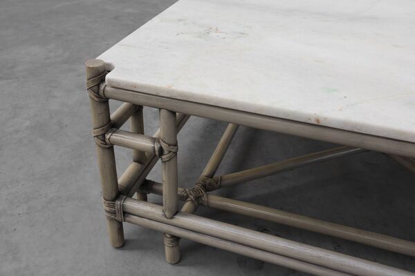 Grande table basse en osier « Attila » avec plateau en marbre par Gasparucci Ita